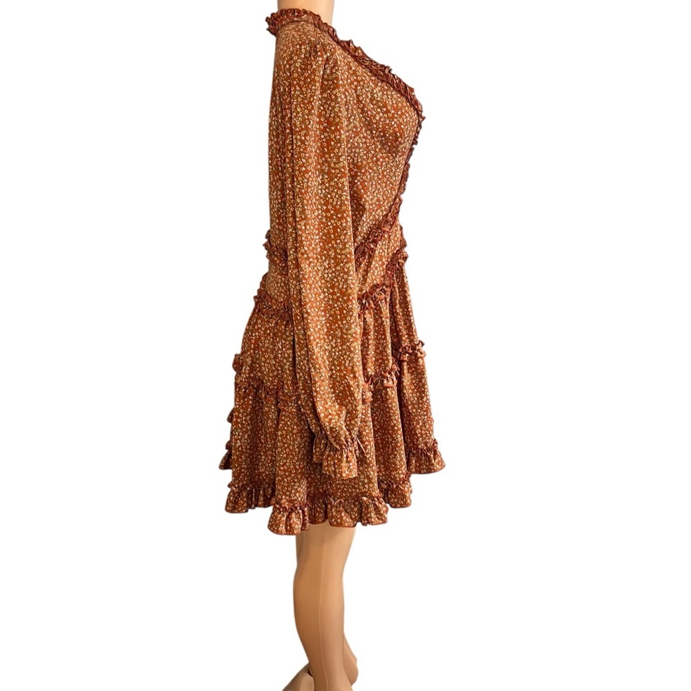 Lulu's Rust Floral Long Sleeve Ruffle Skater Dress - Picture 7 of 9